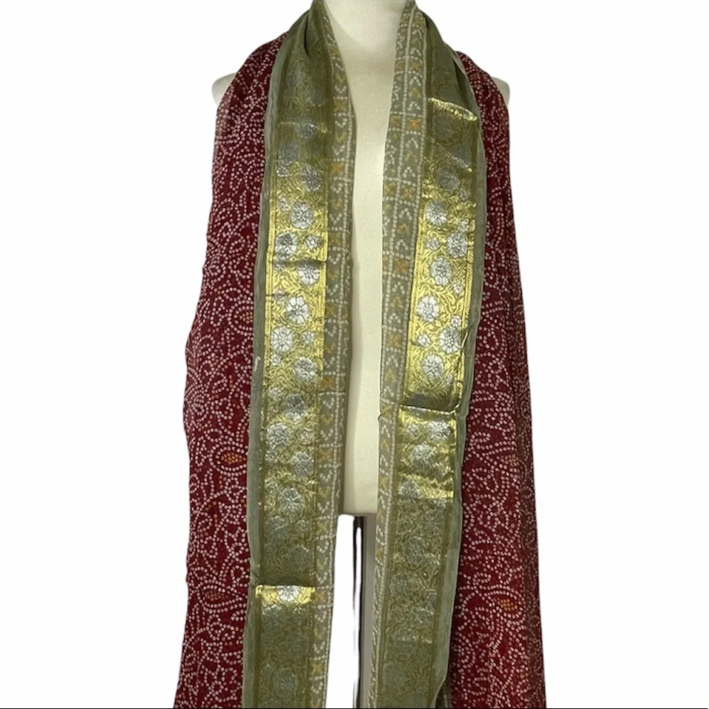 Vintage Scarf Luxury Floral Body Wrap Ornate Gold Paisley Filigree Burgundy Red
